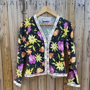 Floral V-Neck Black Knit Cardigan with Yellow & Pink Flowers